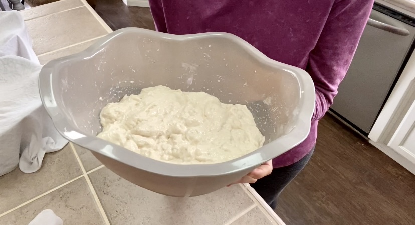 showing in a bowl how sourdough dough looks like cheese curds