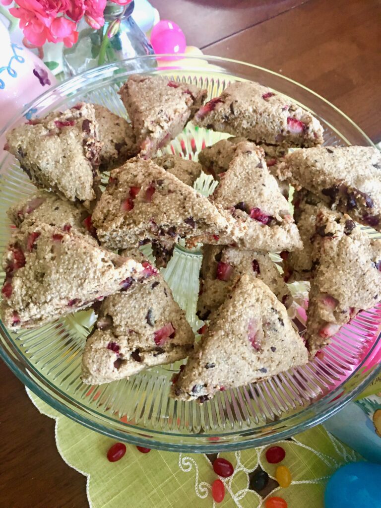 recipe for scones strawberry chocolate chip scones on a platter for easter